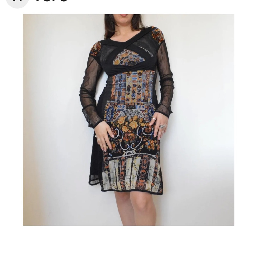 Vintage rare long sleeve midi mesh black with floral Save the Queen mesh dress